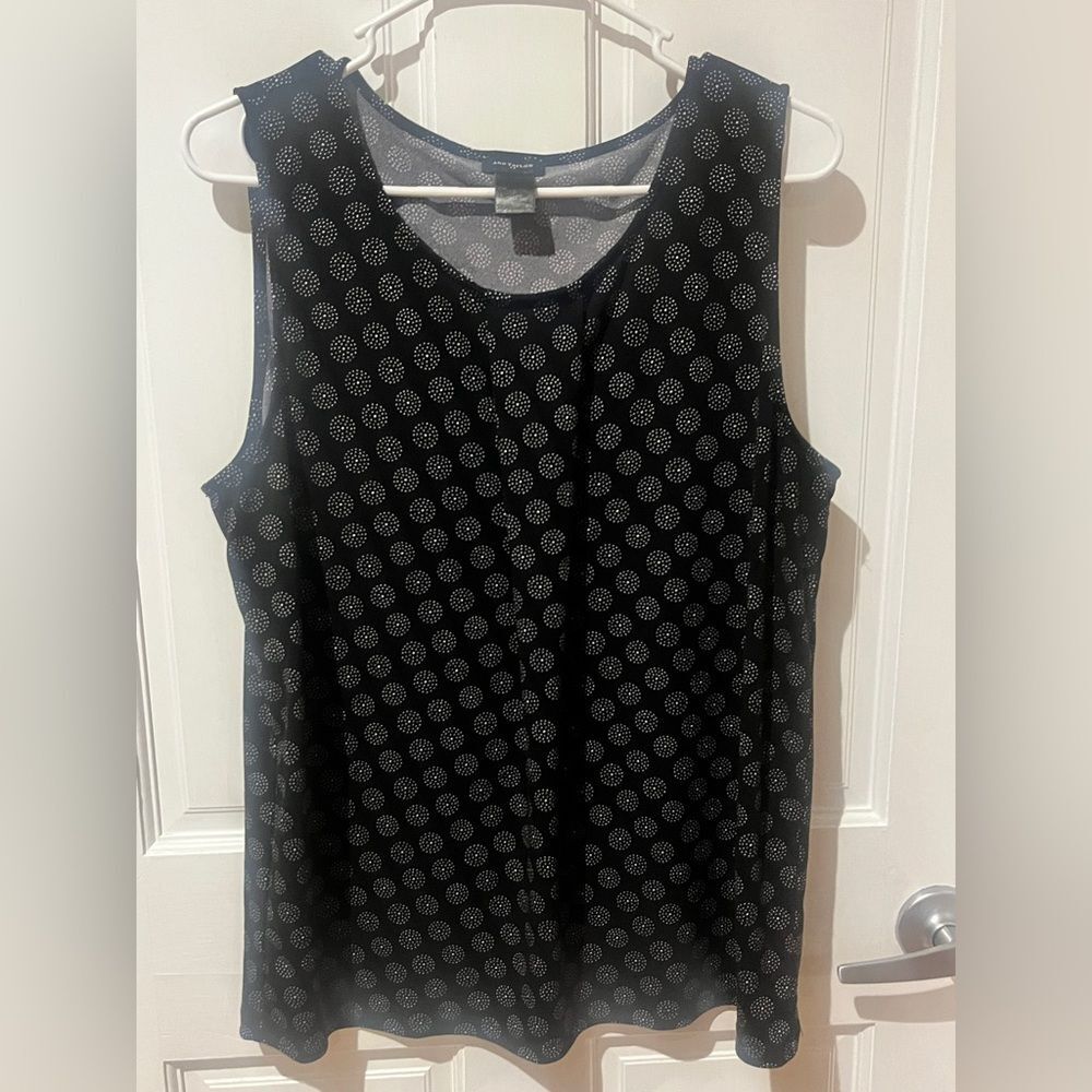 Ann Taylor Women Top Large Black Print Poly Blend Sleeveless Crew Neck Tank Fit